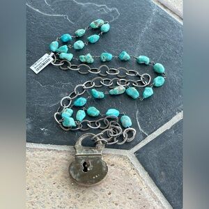 Vintage 1780 Circa Antique lock with Turquoise Stone &  Silver Chain 36” long